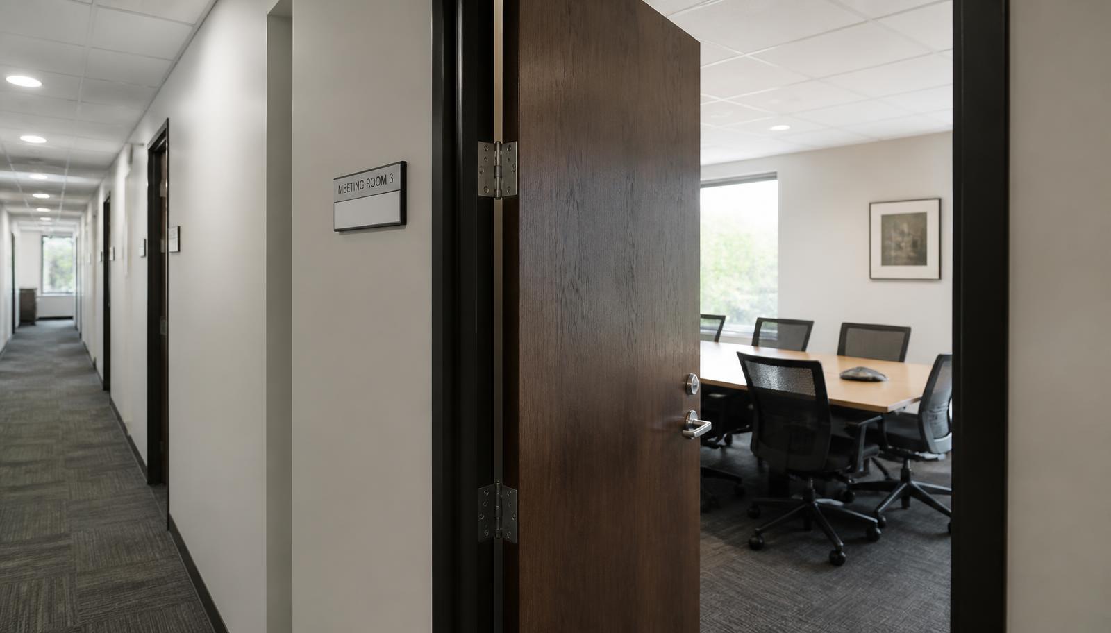 Couloir de bureau et porte entrouverte laissant voir l'intérieur d'une salle de réunion.